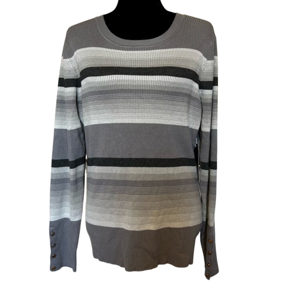 Worthington Womens XL Grey Ombre Stripe Ribbed Crew Neck Button Cuff Sweater NEW